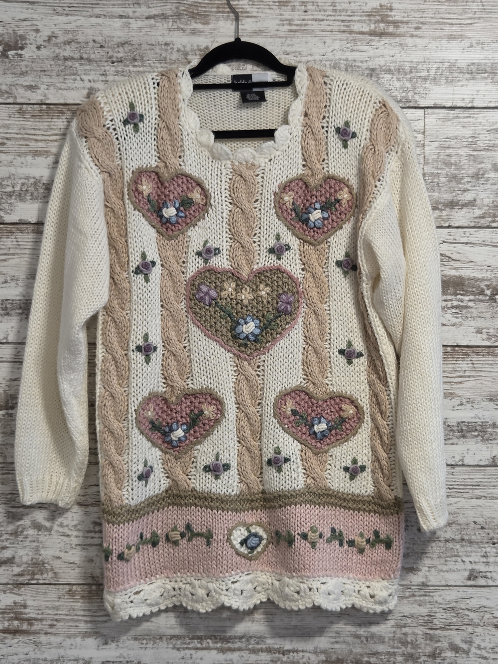 Cream V-Neck Sweater with Pink & Tan Heart Embroidery